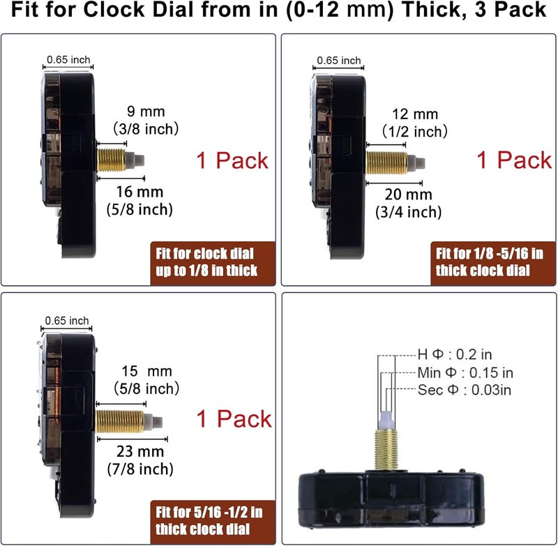 EMOON 3 Pieces Silent Clock Mechanism Replacement Kit, Battery Operated Clock Movement Parts with 7 Pack Clock Hands (Total Shaft Length 16mm,20mm,23mm) - Image 3
