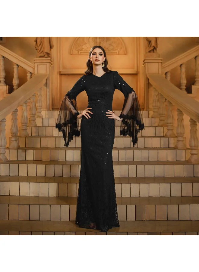 Madam Uniq New Arrival Women's Long Sleeve V-Neck Bodycon Sequin Mermaid Evening Dress for Parties