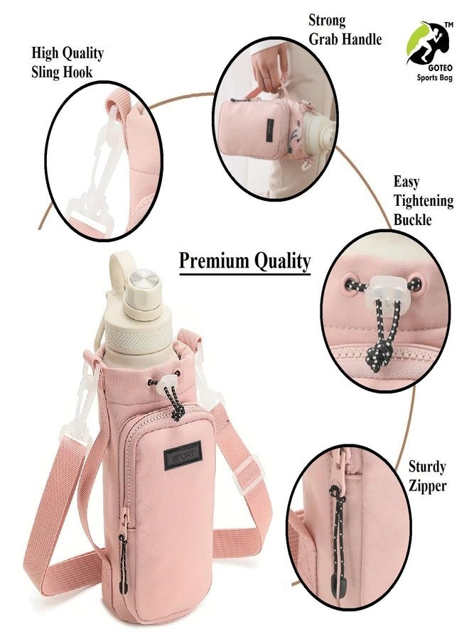 GOTEO Water Bottle Carrier Bag for 1L Bottles | Sling Crossbody Bag with Water Bottle Holder Cover, Adjustable Shoulder Strap, Phone Pocket & Zipper for Travel, Hiking, Office - Men, Women (Pink) - Image 2