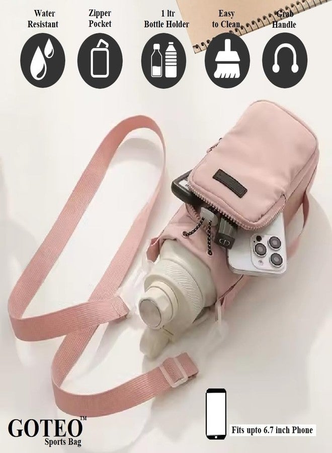 GOTEO Water Bottle Carrier Bag for 1L Bottles | Sling Crossbody Bag with Water Bottle Holder Cover, Adjustable Shoulder Strap, Phone Pocket & Zipper for Travel, Hiking, Office - Men, Women (Pink) - Image 4