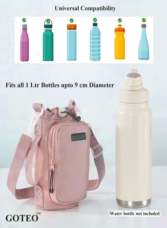 GOTEO Water Bottle Carrier Bag for 1L Bottles | Sling Crossbody Bag with Water Bottle Holder Cover, Adjustable Shoulder Strap, Phone Pocket & Zipper for Travel, Hiking, Office - Men, Women (Pink) - Image 3