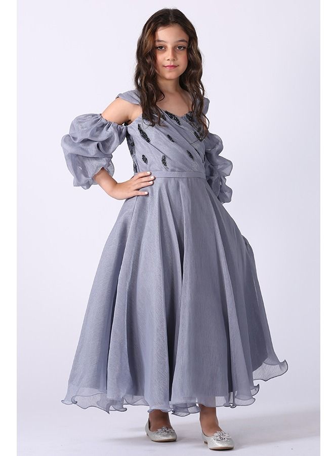 Modern Design Girls' Dress Of Organza Material, Top On Puffed Sleeves, Decorated With Pleats On The Chest And Hand-embroidered Taste From The Bottom, A Cloche Story  - Image 3