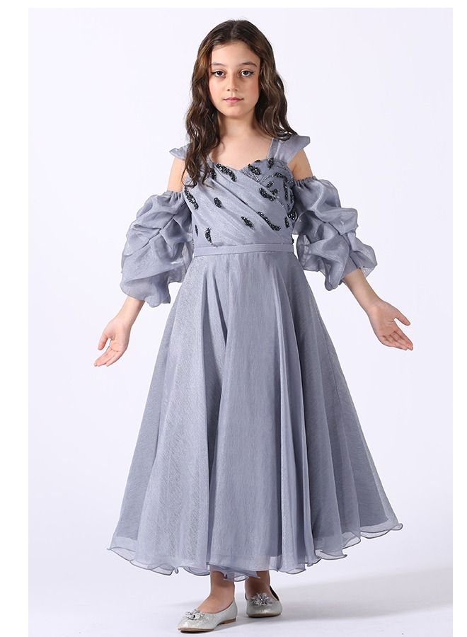 Modern Design Girls' Dress Of Organza Material, Top On Puffed Sleeves, Decorated With Pleats On The Chest And Hand-embroidered Taste From The Bottom, A Cloche Story  - Image 2