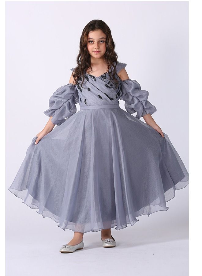 Modern Design Girls' Dress Of Organza Material, Top On Puffed Sleeves, Decorated With Pleats On The Chest And Hand-embroidered Taste From The Bottom, A Cloche Story  - Image 1
