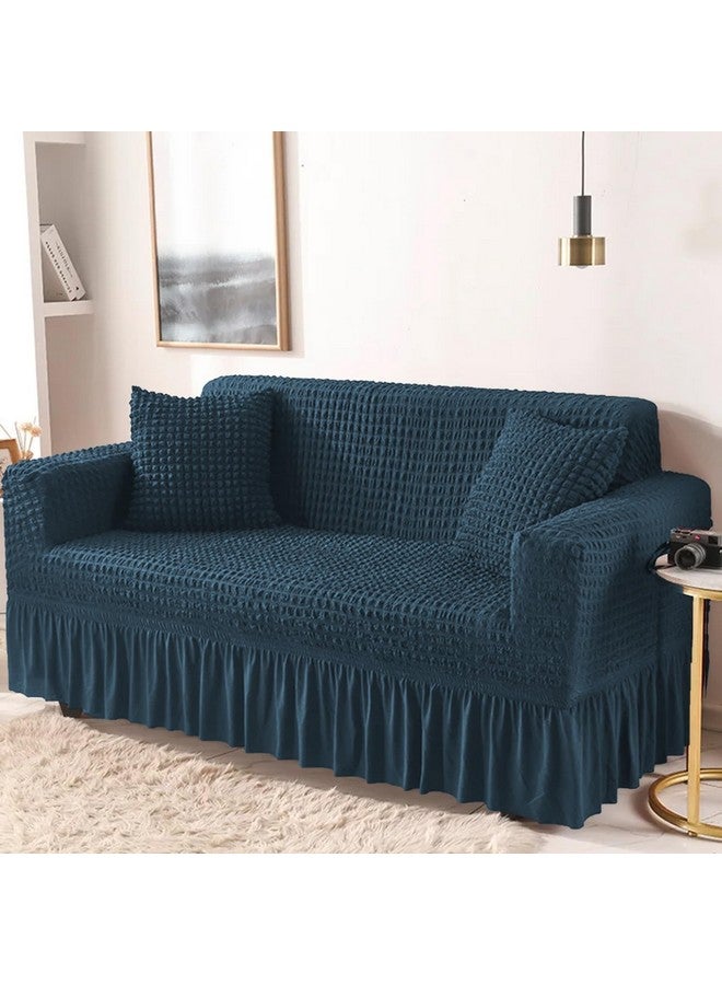 Lukzer 320 GSM Stretchable 3 Seater Turkish Sofa Cover Universal Couch Protector Bubble Fabric with Frill Universal Big Elasticity Slipcover (Teal Blue/SC-103-03/210-260cm) - Image 1