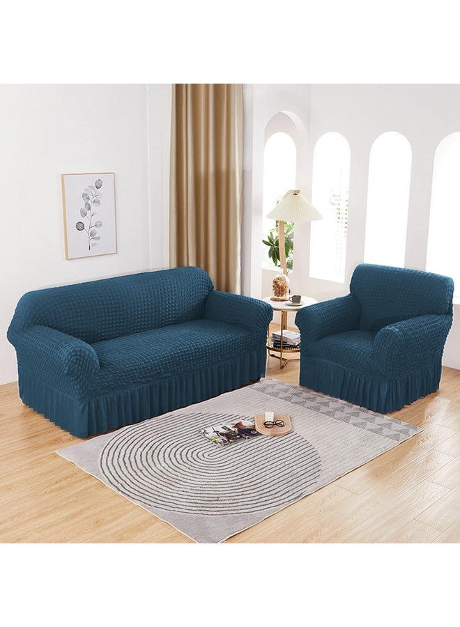 Lukzer 320 GSM Stretchable 3 Seater Turkish Sofa Cover Universal Couch Protector Bubble Fabric with Frill Universal Big Elasticity Slipcover (Teal Blue/SC-103-03/210-260cm) - Image 2