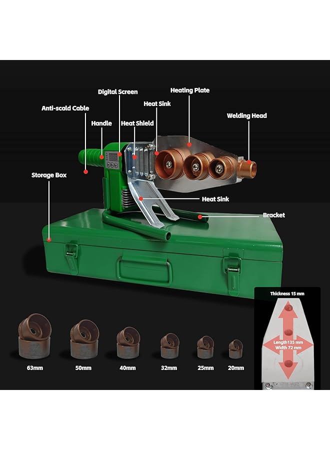 erorex Plastic Water Pipe Welding Device Pipe Welding Machine 0 400℃ Adjustable Digital Socket Fusion Welder Ppr Pipe Fusion Welder With Double Heat Dissipation For Pe Ppr Pb Hdpe 20 63 Mm Pipes Green - Image 3