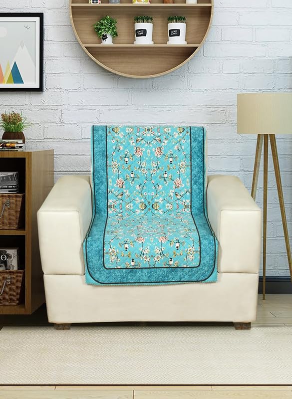 Nendle Printed Quilted Combined Sofa Seat and Back Cover 1 Seater Plush Velvet Antislip Fabric Universal Sofa Protector Single Seater Covers Suitable for Sofa Sety (Aqua, Pack of 1) - Image 1