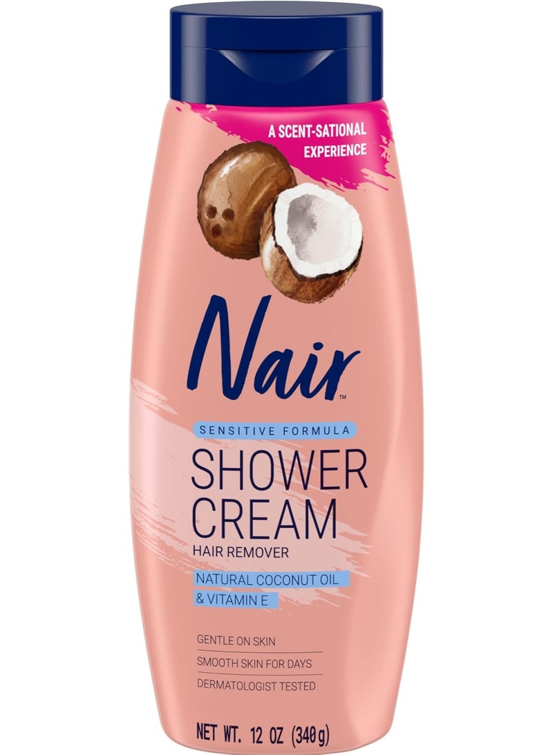 Nair Sensitive Shower Cream Hair Remover with Natural Coconut Oil and Vitamin E, Body Hair Removal Cream for Women, 12 oz - Image 1