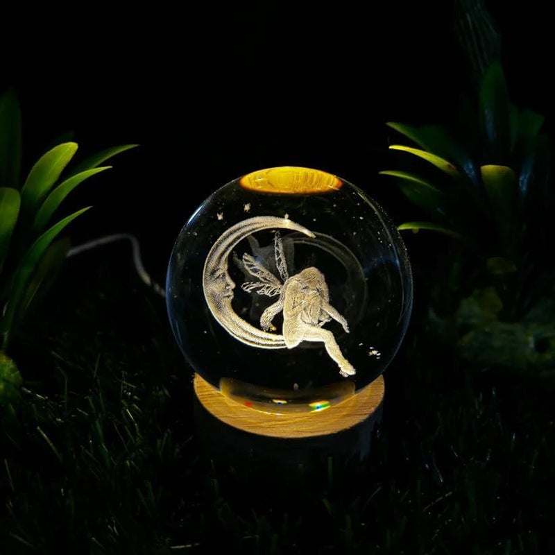 Rylan 3D Fairy Engraved Crystal Ball Night Light with Wooden Base - LED USB Table Lamp for Kids, Teens, and Home Decor - Image 2