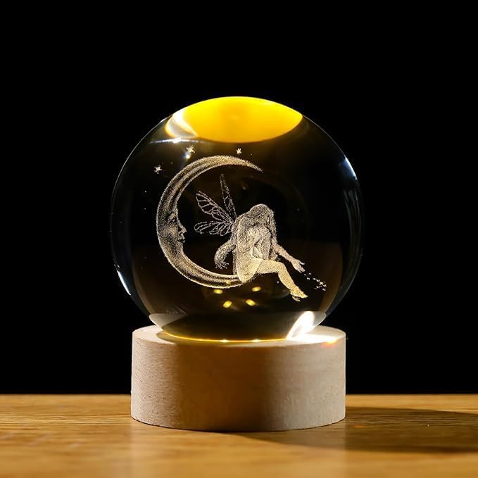 Rylan 3D Fairy Engraved Crystal Ball Night Light with Wooden Base - LED USB Table Lamp for Kids, Teens, and Home Decor - Image 1