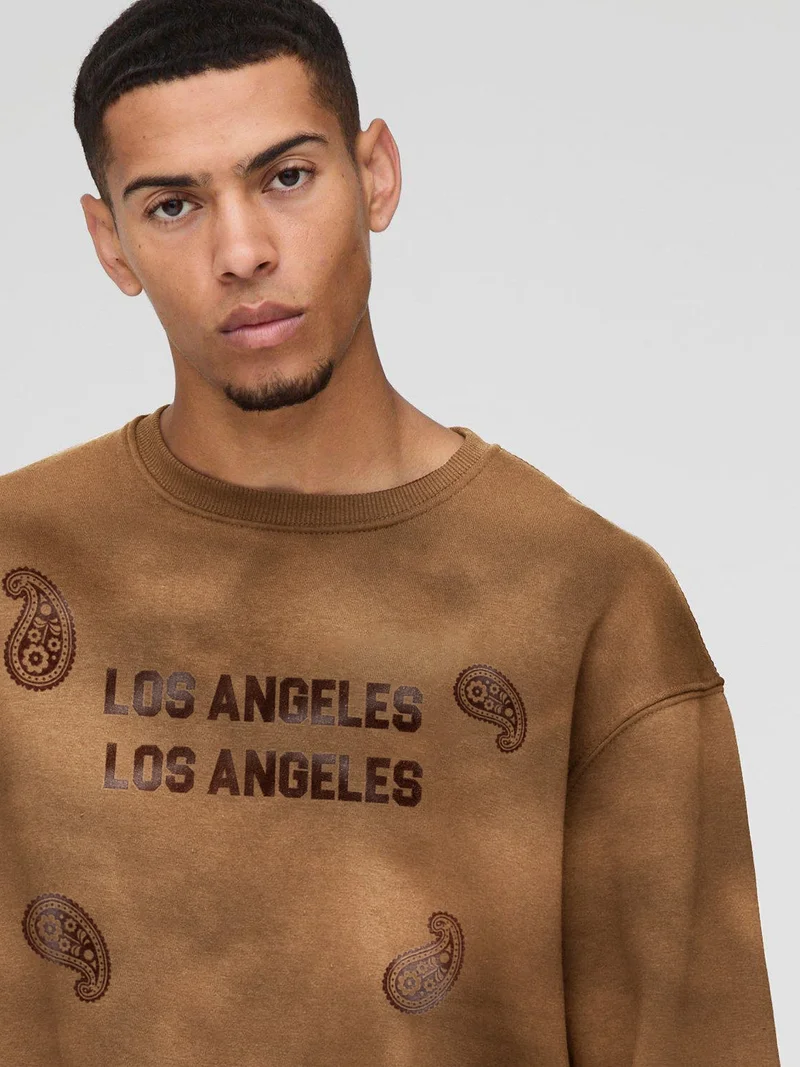 Maniac Maniac Mens Printed Round Neck Full Sleeve Brown Cotton Fleece Sweatshirt