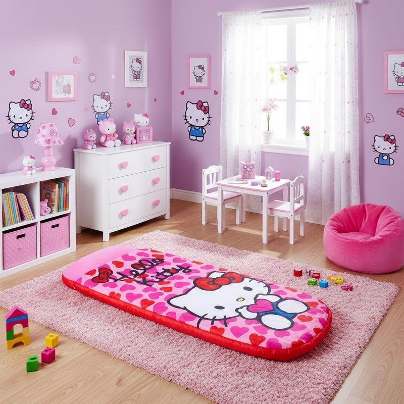 كاركتر ورلد Character World Hello Kitty ReadyBed فراش هوائي للأطفال قابل للنفخ وحقيبة نوم مع مضخة | مرتبة سفر للفتيات للمبيت والتخييم أو الاستخدام المنزلي - Image 3
