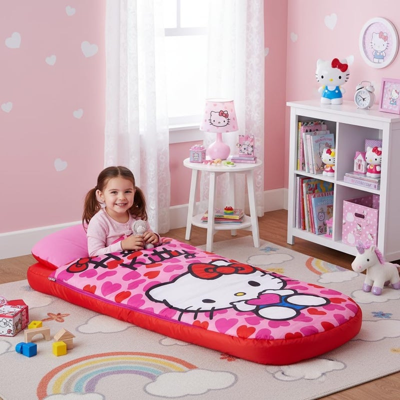 كاركتر ورلد Character World Hello Kitty ReadyBed فراش هوائي للأطفال قابل للنفخ وحقيبة نوم مع مضخة | مرتبة سفر للفتيات للمبيت والتخييم أو الاستخدام المنزلي - Image 4