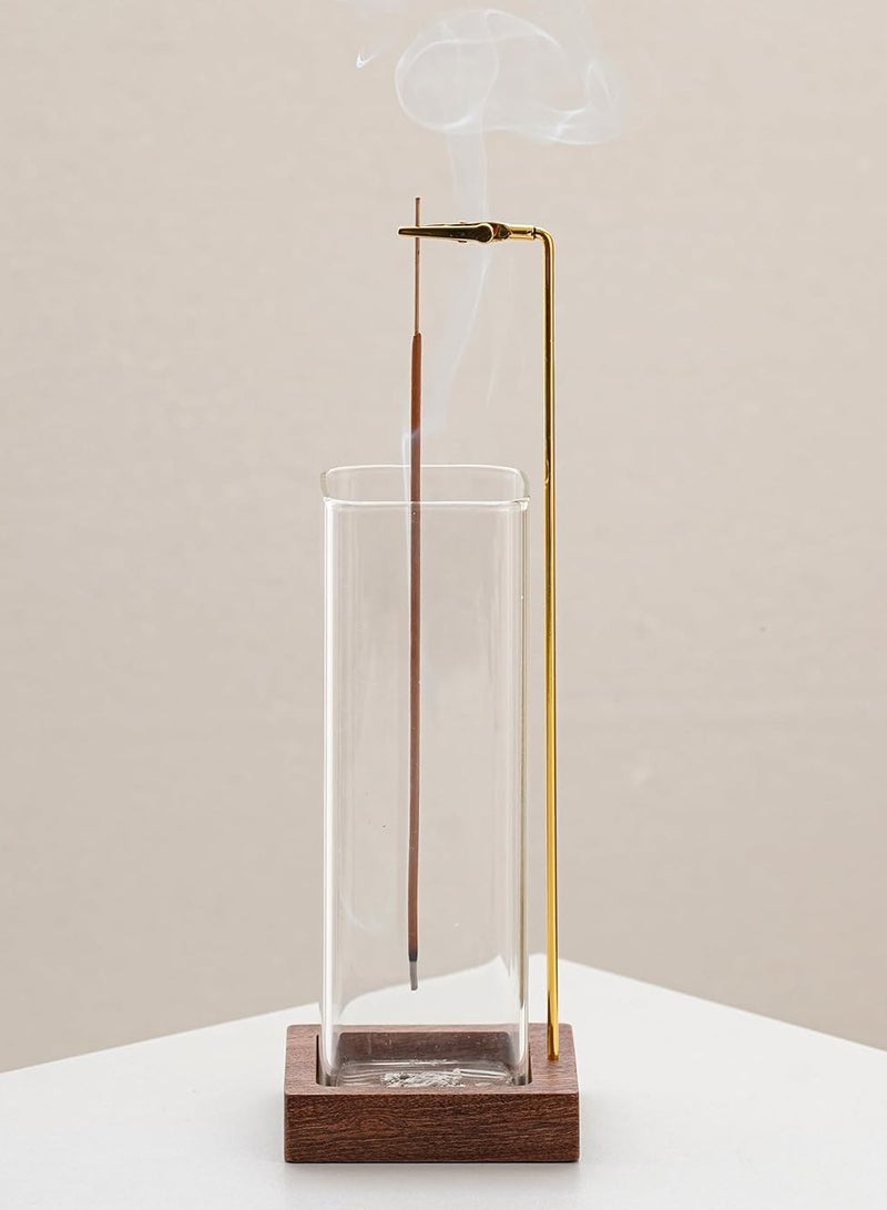 Wooden Incense Holder with Square Glass Ash Catcher – Upside-Down Design for Home Fragrance - Image 1