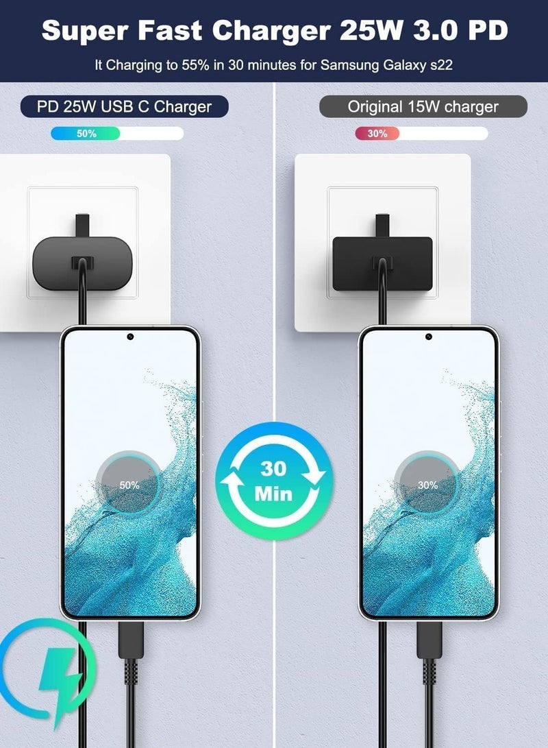 25W Fast Charger for Samsung Galaxy S22, S22 Ultra, S22+, S21, S20, A32, A33, A53, A73 – USB-C Super Fast Charger Plug with 1.5m Type-C Charging Cable  - Image 3