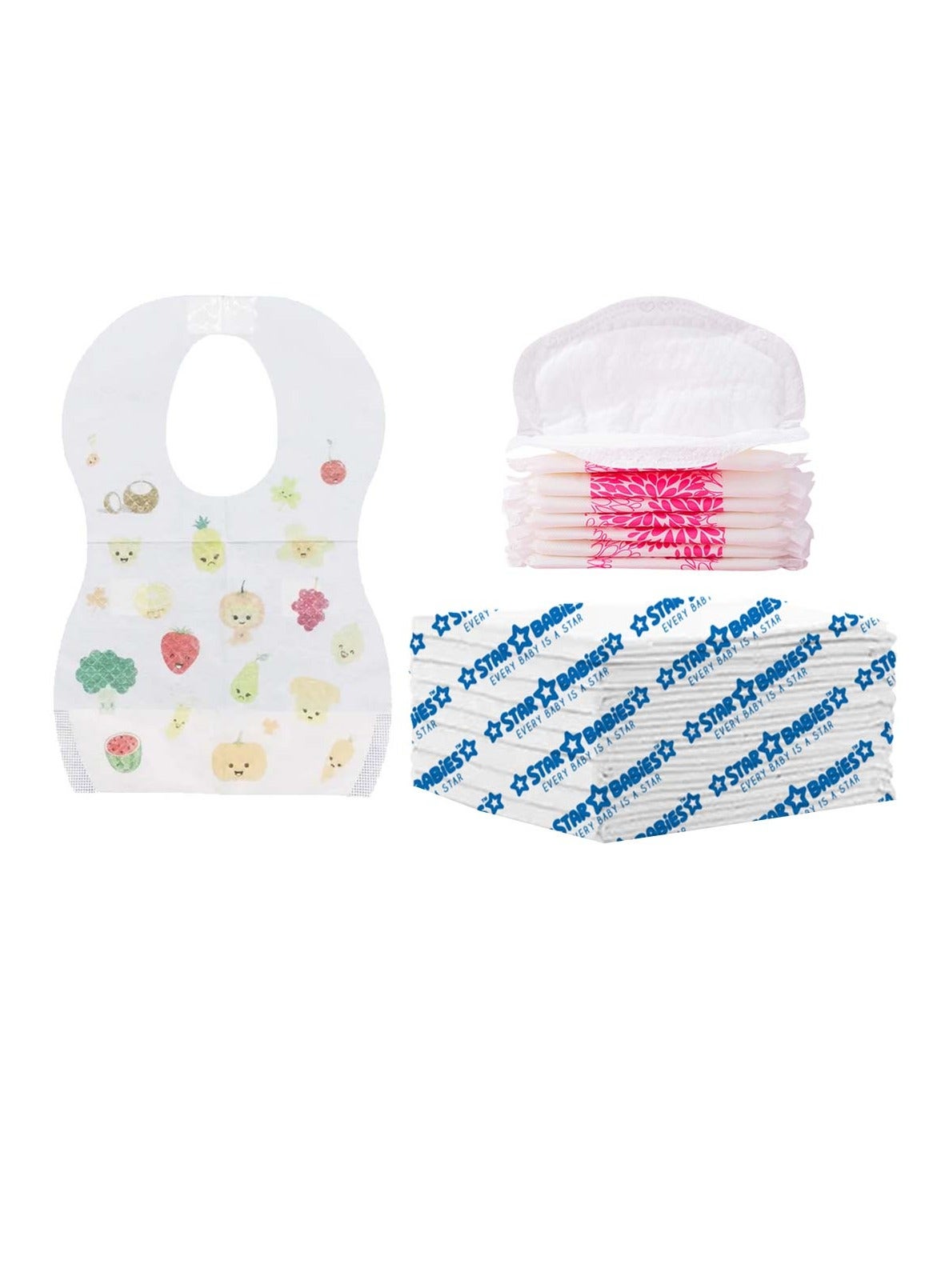 Star Babies Disposable Combo pack (Changing mat 8pcs, Breast Pad 8pcs, Bibs 8pcs)-Pink