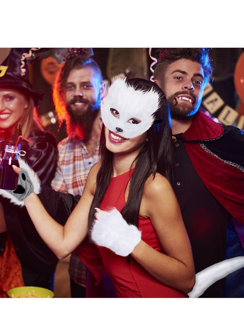 SYOSI طقم قناع وذيل ثيريان للفتيات قناع قطة ذيل قطة مكياج قناع ثعلب ذيل ذئب، أبيض - Image 2