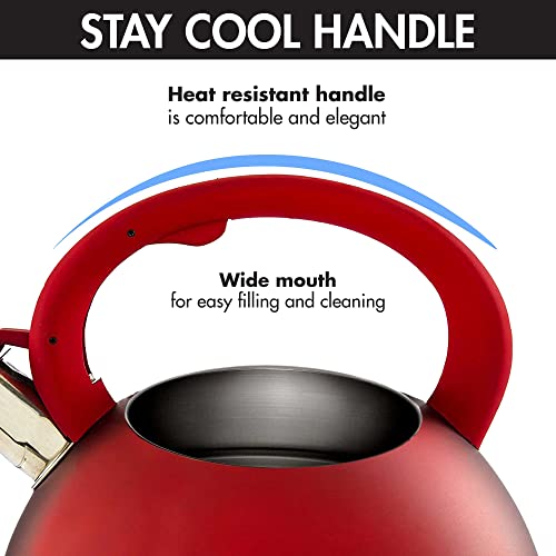 Primula Avalon Whistling Kettle - Whistling Spout, Locking Spout Cover, and Stay-Cool Handle - Stainless Steel - 2.5 Quarts - Matte Red (PAVRE-6225) - Image 3