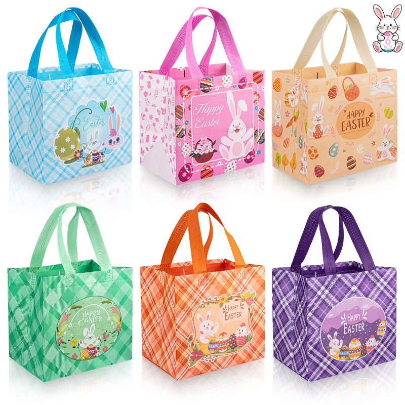 Litmitfu 6 Pcs Easter Gift Bags - Happy Easter Bags with Handles, Reusable Non-woven Easters Treat Goodie Goody Candy Tote Wrapping Bag Rabbit Bunny Basket for Easte Egg Hunt Acticity Party Favors Supplies - Image 1