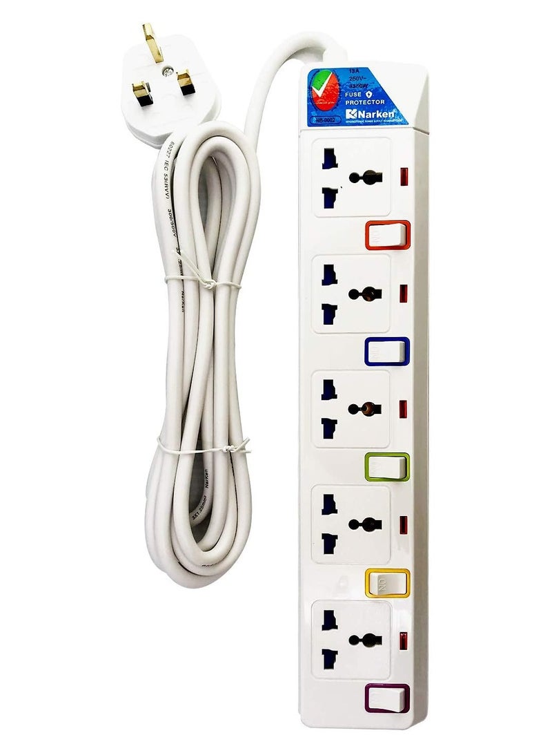 Narken Electric Universal Extension Cord 5 Socket 3 Meter Power Strip Wire 13a Fuse Surge With Separate Single Switch and Indicate Light Max 13a, 3250w Ac 250v - Image 1