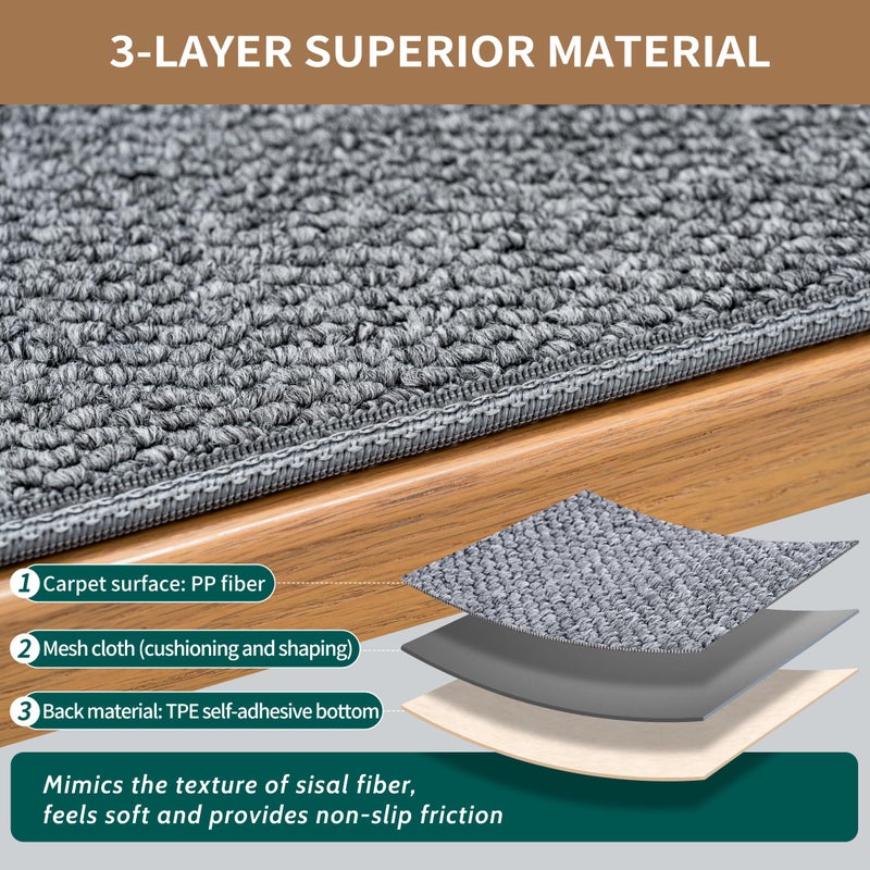 DONJOP 9x30 Inch Stair Treads for Wooden Steps Indoor(15-Pack) â€“ Non Slip Adhesive Peel and Stick Carpet Stair Treads, Washable & Reusable Stair Runner Rugs for Kids Elders and Pets-Grey - Image 5