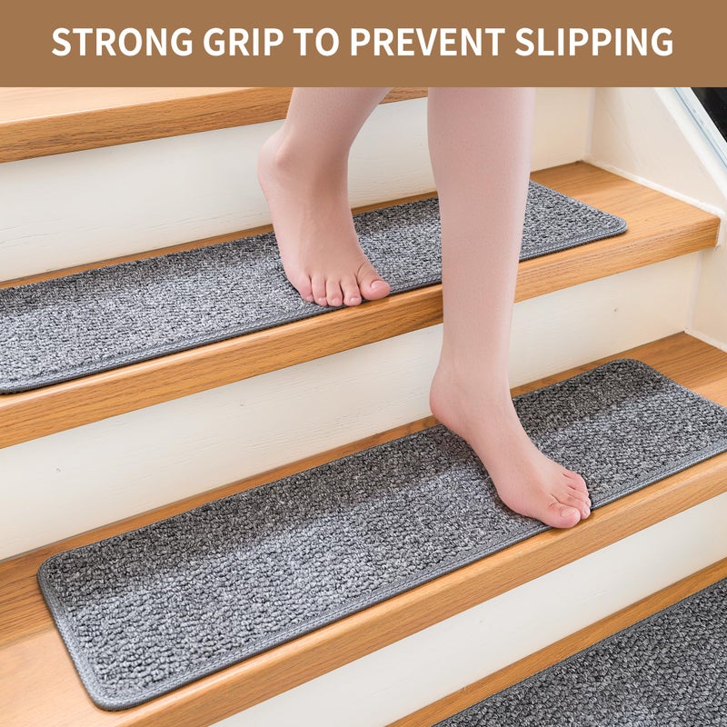 DONJOP 9x30 Inch Stair Treads for Wooden Steps Indoor(15-Pack) â€“ Non Slip Adhesive Peel and Stick Carpet Stair Treads, Washable & Reusable Stair Runner Rugs for Kids Elders and Pets-Grey - Image 3