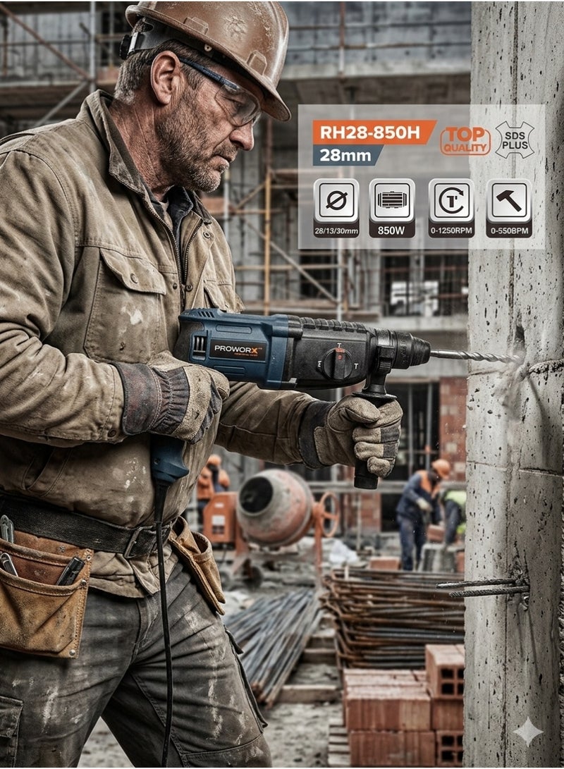 برو ووركس دريل همر دوار برووكس RH28-850H، مقاس 28 ملم، نظام SDS-Plus، قدرة 850 واط، 3 وظائف، سرعة متغيرة – أزرق/أسود - Image 3