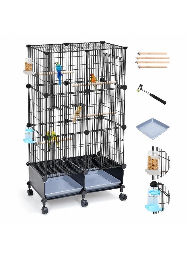 46" Multi-Layer Parrot Cage on Wheels - Sturdy Metal Pet Playpen with Feeders & Double Sliding Trays for Indoor Use - Image 1