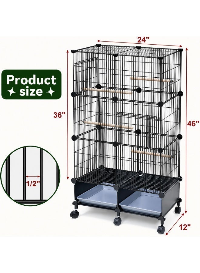 46" Multi-Layer Parrot Cage on Wheels - Sturdy Metal Pet Playpen with Feeders & Double Sliding Trays for Indoor Use - Image 2