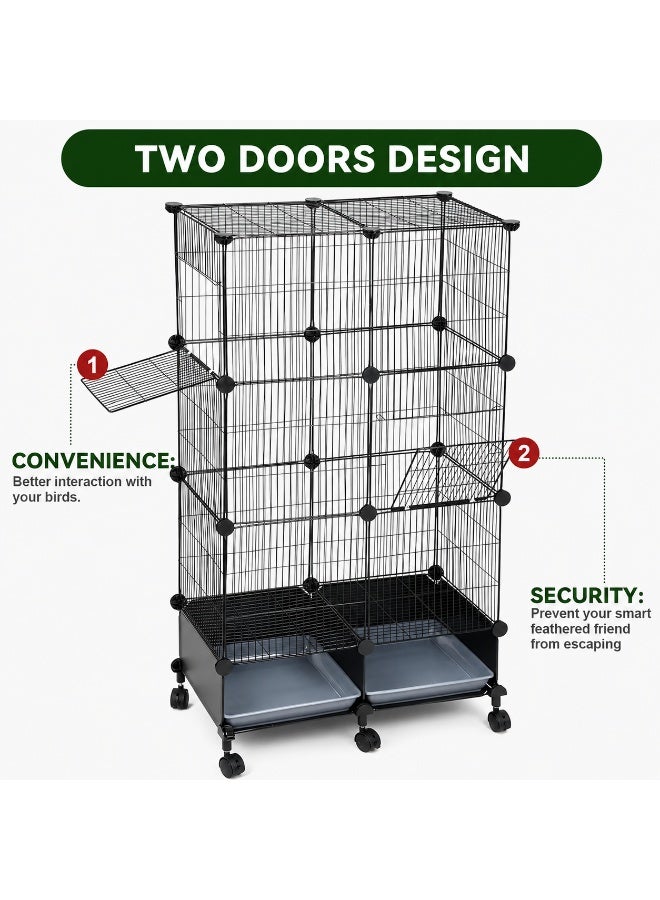 46" Multi-Layer Parrot Cage on Wheels - Sturdy Metal Pet Playpen with Feeders & Double Sliding Trays for Indoor Use - Image 5