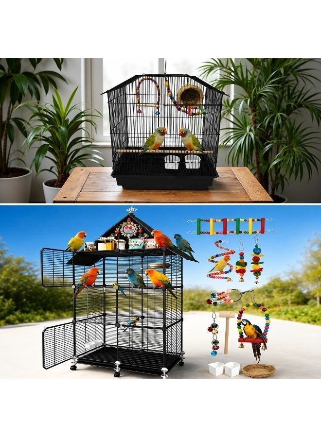 46" Multi-Layer Parrot Cage on Wheels - Sturdy Metal Pet Playpen with Feeders & Double Sliding Trays for Indoor Use - Image 4