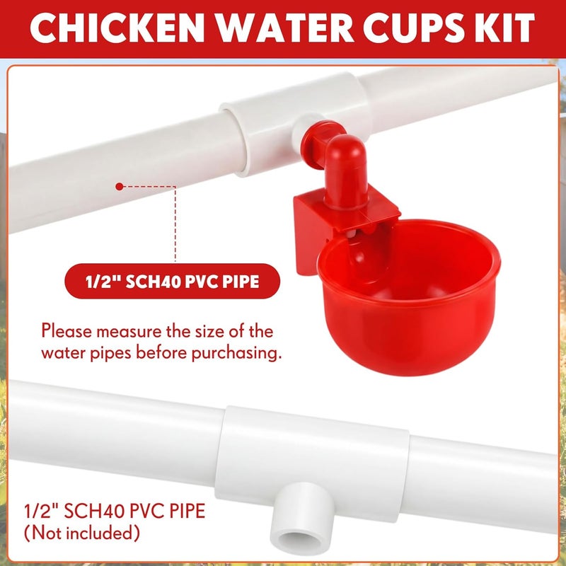 LemonRoad 30 Set Automatic Chicken Waterer Cups with 1/2" PVC Tee Fittings Chicken Drinking Bowl, Mounting Hole Opener, Water Feeder System for Duck, Goose, Turkey(Red) - Image 3