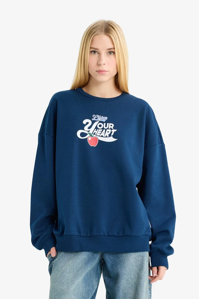 DeFacto Oversize Loose Fit Crew Neck Printed Thick Sweatshirt