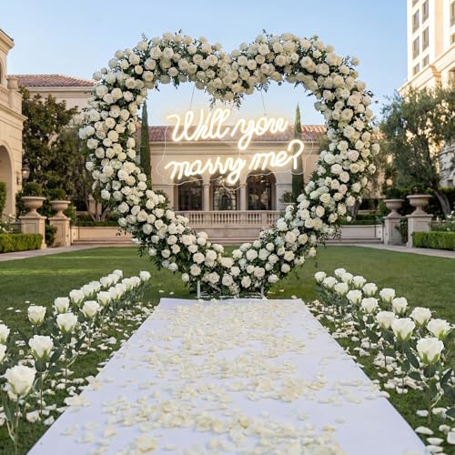 Kittmip Proposal Decorations Kit Will You Marry Me LED Neon Light Metal Heart Stand Carpet 2000 Rose Petals 30 Artificial Roses for Proposal Engagement Rose on The Stand Not IncludeWhite - Image 1