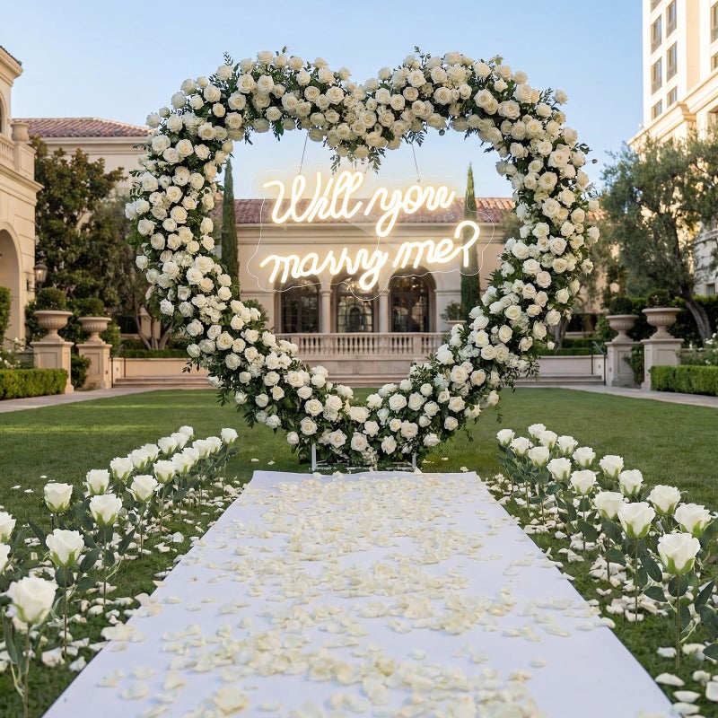 Kittmip Proposal Decorations Kit Will You Marry Me LED Neon Light Metal Heart Stand Carpet 2000 Rose Petals 30 Artificial Roses for Proposal Engagement Rose on The Stand Not IncludeWhite - Image 2