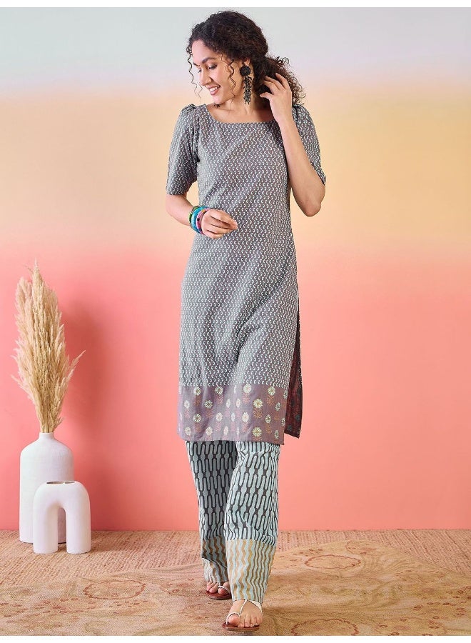 AKS Grey And Blue Cotton Kurta Set  - Image 5