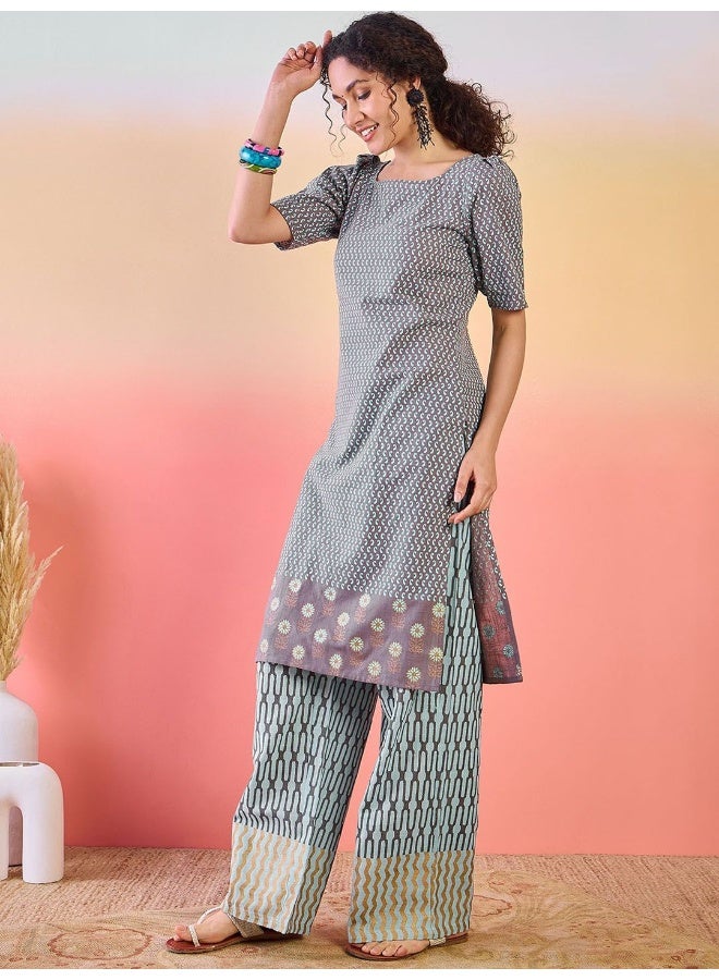 AKS Grey And Blue Cotton Kurta Set  - Image 4