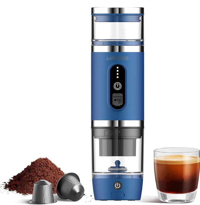 4-IN-1 PORTABLE COFFEE MACHINE, 20BAR ESPRESSO MAKER WITH MILK FROTHER, CAPSULE & COFFEE POWDER COMPATIBLE, QUICK BREW & FOAM MAKER, 80ML CAPACITY, 2500MAH BATTERY, IDEAL FOR CAMPING & OUTDOORS  BLUE