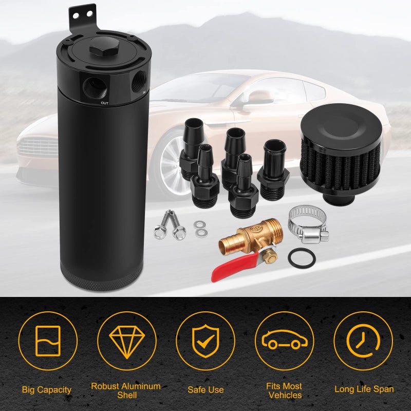 TEMSONE Universal 2 Port Aluminum 750ml Baffled Oil Catch Can Reservoir Tank with Breather Filter and Drain Valve - Image 2