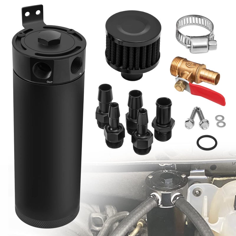 TEMSONE Universal 2 Port Aluminum 750ml Baffled Oil Catch Can Reservoir Tank with Breather Filter and Drain Valve - Image 1
