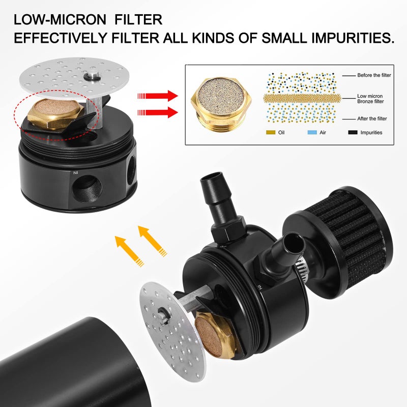 TEMSONE Universal 2 Port Aluminum 750ml Baffled Oil Catch Can Reservoir Tank with Breather Filter and Drain Valve - Image 5