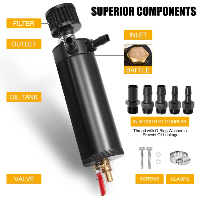 TEMSONE Universal 2 Port Aluminum 750ml Baffled Oil Catch Can Reservoir Tank with Breather Filter and Drain Valve - Image 4