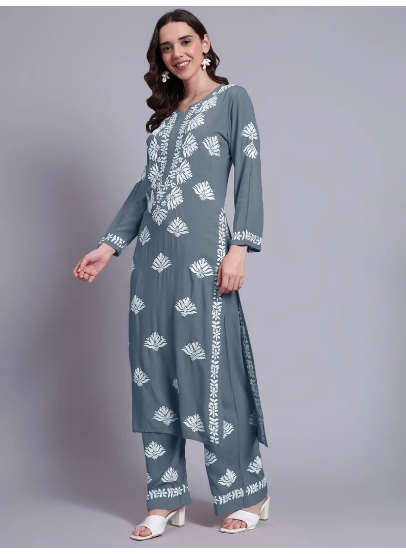 Alaya grey Women Hand Embroidered Chikankari Rayon kurta set AL4084KS for Women | Best Price UAE