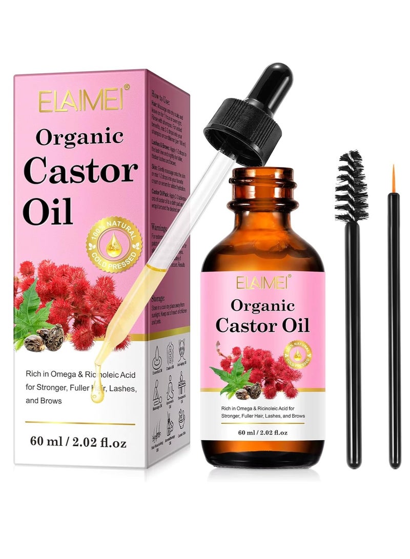 Elaimei Organic Castor Oil Hair Growth 60ml 100% Pure Natural & Organic Castor Oil Rich in Omega & Ricinoleic Acid for Stronger Hair Lash & Brow Castor Serum for Hair Beard Eyelash Eyebrow Growth - Image 1