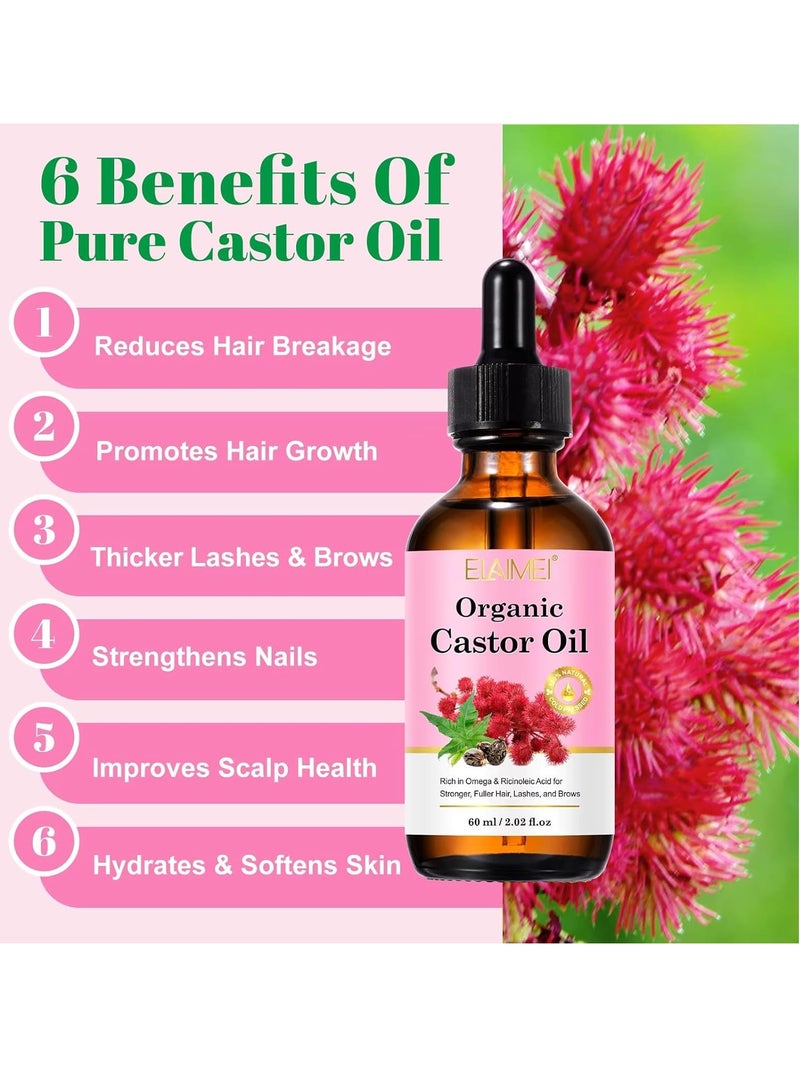 Elaimei Organic Castor Oil Hair Growth 60ml 100% Pure Natural & Organic Castor Oil Rich in Omega & Ricinoleic Acid for Stronger Hair Lash & Brow Castor Serum for Hair Beard Eyelash Eyebrow Growth - Image 2