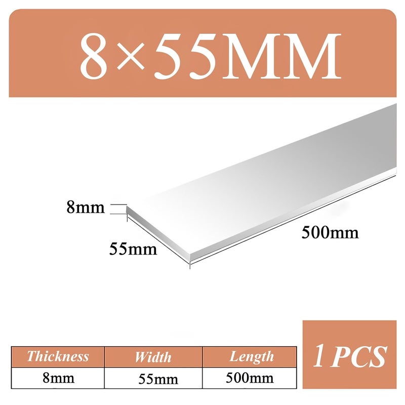 Square Aluminum Flat Bar, Square Aluminum Flat Bar, 7-10 Mm Thick, 500 Mm Length, 6061 Aluminum Flat Plate, Solid Metal Stock for Industrial Building(8 * 55mm) - Image 2