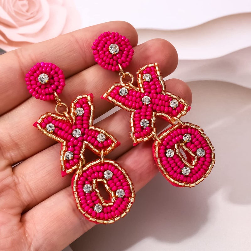 BVGA Valentineâ€™s Day Earrings Beaded XOXO Drop Earrings Fashion Trendy Crystal Big Love Dangle Hot Pink Earrings for Women Statement Jewelry (Rosy XO) - Image 3