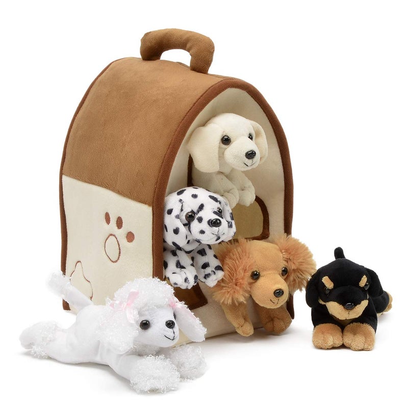 Unipak Plush Dog House Five 5 Stuffed Animal Dogs Dalmation Yellow Lab Rottweiler Poodle Cocker Spaniel in Play Dog House Carrying House