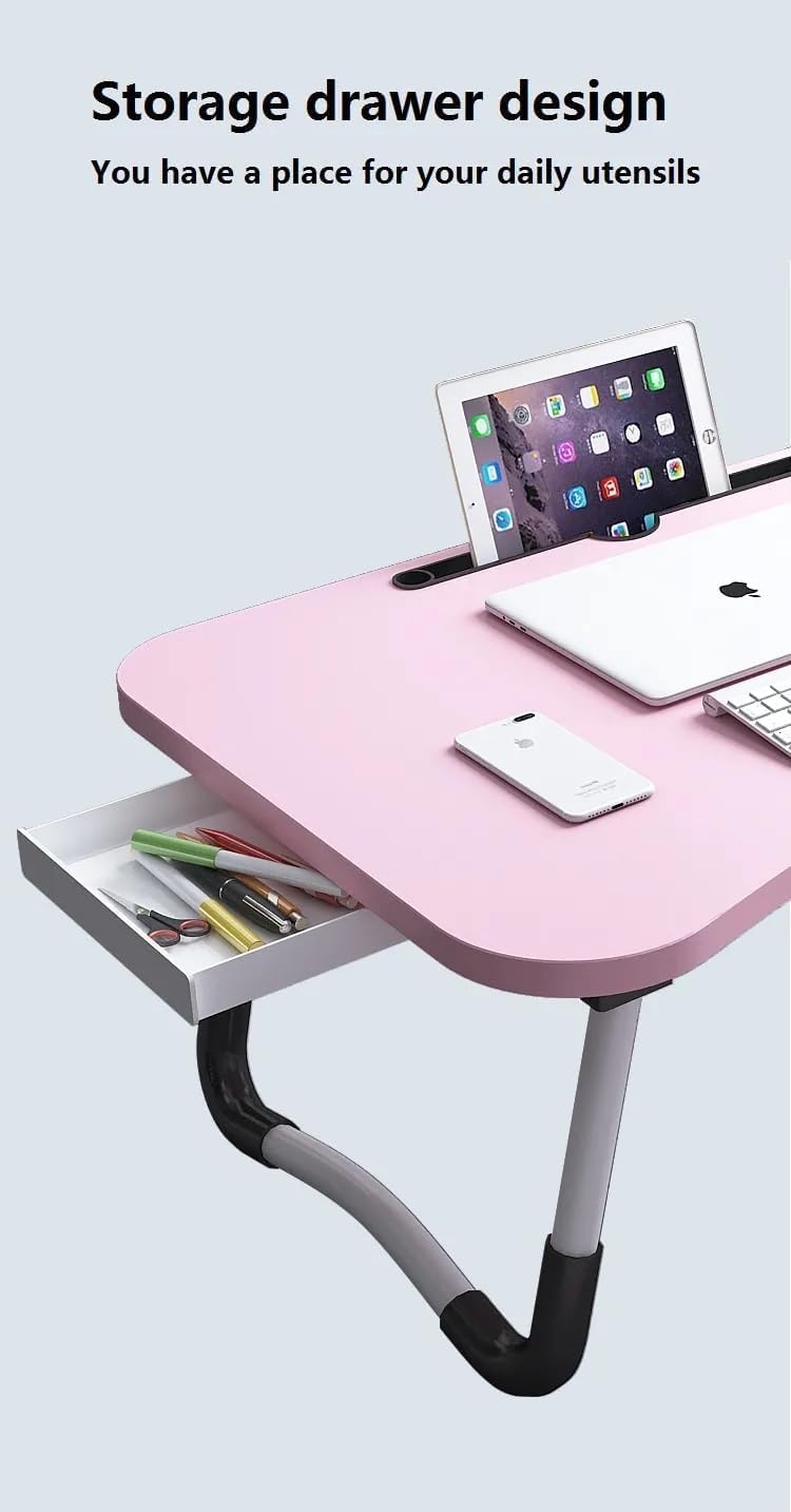 Harmony Home  Portable Folding Laptop Desk for Bed，With iPad and Cup Holder Adjustable Lap Tray Notebook Stand， Foldable Non-Slip Legs Reading Table Tray for working，studying，camping 60x40x28cm Pink - Image 4
